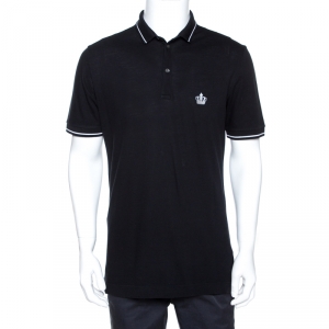 Pre Owned Dolce & Gabbana Black Crown Embroidered Cotton Polo T-Shirt L