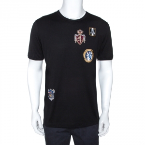 Pre Owned Dolce & Gabbana Black Cotton Crest Patch Applique T-Shirt XXL