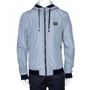 Pre Owned Dolce & Gabbana Pale Blue Checked Zip Front Hooded Jacket L