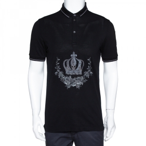 Pre Owned Dolce & Gabbana Black Cotton Pique Embroidered Crown Polo T-Shirt S