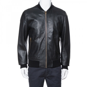Pre Owned Dolce & Gabbana Black Leather Bomber Jacket XL