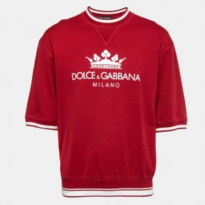 مملوكة مسبقًا Dolce & Gabbana Red Cotton Knit Logo Printed Crewneck T-Shirt M