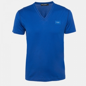 Dolce & Gabbana Blue Logo Applique Cotton Knit V-Neck T-Shirt S