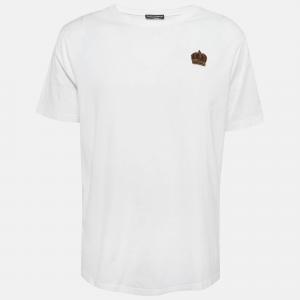 Pre Owned Dolce & Gabbana White Crown Embroidered Cotton Crew Neck T-shirt L