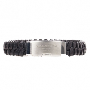 Dolce & Gabbana Black Woven Leather Plaque Bracelet L