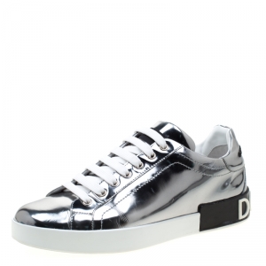 Dolce & Gabbana Metallic Silver Mirror Leather Platform Sneakers Size 42.5