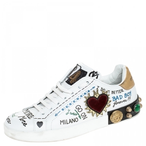 Dolce and Gabbana White Leather Portofino Graffiti Heart Applique Low Top Sneakers Size 41