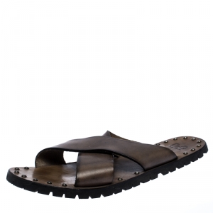 Dolce And Gabbana Grey Leather Studded Cross Strap Slide Sandals Size 45