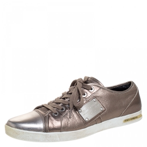 Dolce and Gabbana Metallic Grey Leather Logo Plaque Sneakers Size 43
