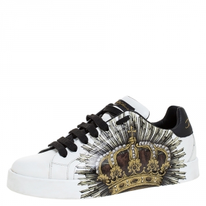 Dolce and Gabbana White/Black Crown Print Leather Portofino Low Top Sneakers Size 41