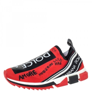 Dolce & Gabbana Red Fabric Graffiti Logo Sorrento Slip On Sneakers Size 42