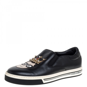 مملوكة مسبقًا Dolce & Gabbana Black Leather Family Slip On Sneakers Size 40