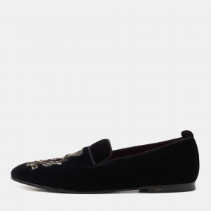 Pre Owned Dolce & Gabbana Black Velvet Crest Bead Embroidered Loafers Size 43 