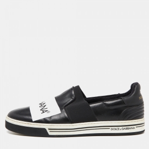 Dolce & Gabbana Black Printed Logo Coated Canvas and Leather Slip On Sneakers Size 44