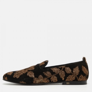 Dolce & Gabbana Black Velvet Embroidered Floral Smoking Slippers Size 44