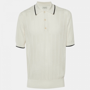 Pre Owned Dries van Noten Off White Perforated Knit Polo T-Shirt M