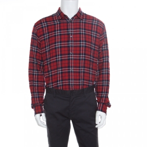 Dsquared2 Red and Blue Plaid Check Cotton Herringbone Weave Relaxed Dan Shirt L