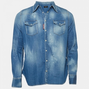 Dsquared2 Blue Ripped Denim Long Sleeve Shirt L