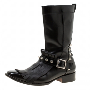 Dsquared2 Black Leather Spike Fringe Detail Calf Length Boots Size 44