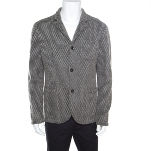 Pre Owned Emporio Armani Grey Textured Chunky Knit Wool Blend Jacket L