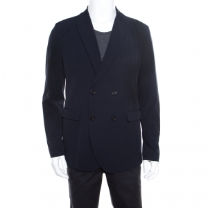 Pre Owned Emporio Armani Navy Blue Nylon Fingerprint Lined Double Breasted Jacket XL