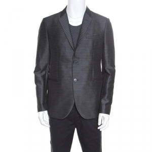 Pre Owned Emporio Armani Grey Horizontal Striped Wool and Cotton Two Button Blazer XL