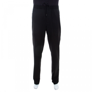 Pre Owned Emporio Armani Black Wool Elasticized Waist Straight Fit Trousers XL