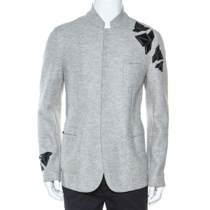 Pre Owned Emporio Armani Grey Wool Cut Out Detail Mandarin Collar Jacket XL