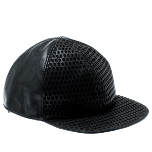 Pre Owned Emporio Armani Black Perforated Leather Baseball Cap M