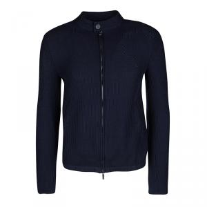 Pre Owned Emporio Armani Navy Blue Textured Cotton Zip Front Jacket S