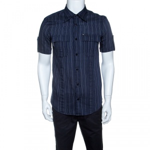 Pre Owned Emporio Armani Navy Blue Striped Cotton Short Sleeve Button Front Shirt L