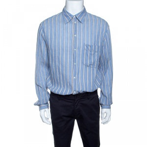 Pre Owned Emporio Armani Blue and Beige Striped Cotton and Hemp Long Sleeve Shirt L