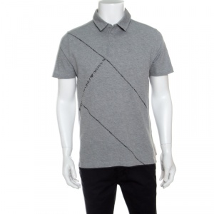 Pre Owned Emporio Armani Grey Honeycomb Knit Logo Printed Polo T-Shirt L