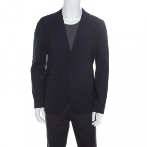 Pre Owned Emporio Armani Navy Blue Gingham Checked Wool Tailored Blazer L