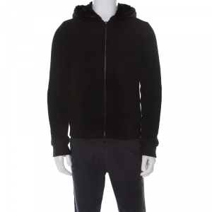 Pre Owned Emporio Armani Black Waffle Knit Fur Lined Zip Front Hoodie M