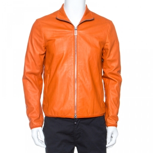 Pre Owned Emporio Armani Orange Leather Zip Front Jacket L