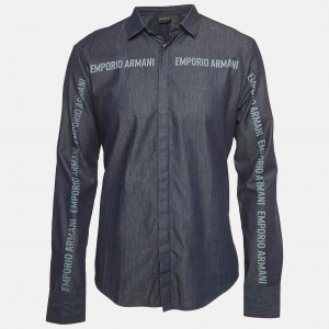 Pre Owned Emporio Armani Navy Printed Long Sleeve Denim Shirt L