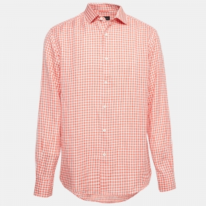 Pre Owned Ermenegildo Zegna Orange Gingham Cotton Blend Shirt XL
