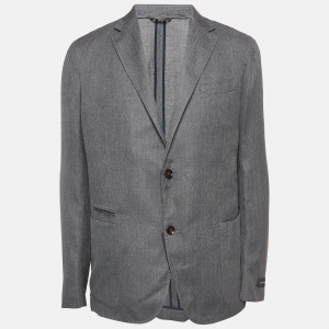 Pre Owned Ermenegildo Zegna Grey Herringbone Linen Blend Blazer XXXL