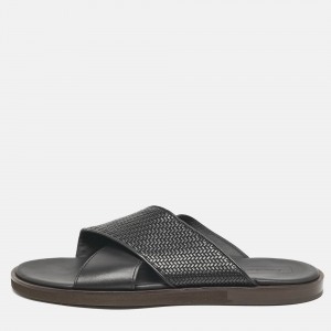 Pre Owned Ermenegildo Zegna Black Woven Leather Flat Slides Size 46