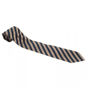 Pre Owned Ermenegildo Zegna Couture Navy Blue and Beige Textured Striped Silk Tie