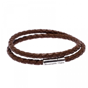 Ermenegildo Zegna Brown Woven Leather Silver Double Wrap Cord Bracelet