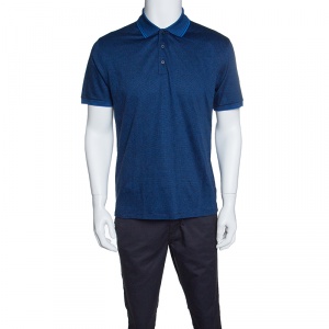 Pre Owned Ermenegildo Zegna Blue and Black Cotton Knit Diamond Pattern Polo T-Shirt M