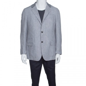 Pre Owned Ermenegildo Zegna Grey Linen Ribbed Collar Detail Blazer XL