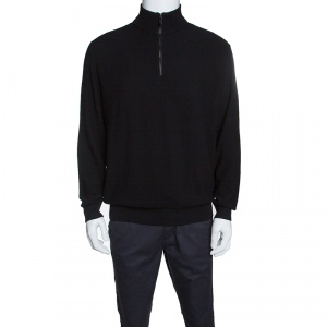 Ermenegildo Zegna Black Wool and Cashmere Leather Patch Detail Sweater XXL