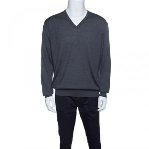 Ermenegildo Zegna Grey Cashseta Light Ribbed Trim V-Neck Sweater XXL