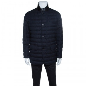 Pre Owned Ermenegildo Zegna Navy Blue Melange Wool Leather Trim Quilted Down Jacket XXL
