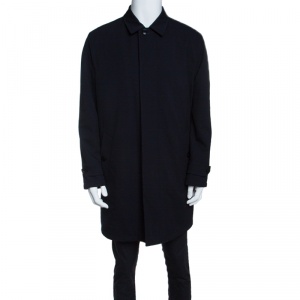 Pre Owned Ermenegildo Zegna Navy Blue Wool Gabardine Leather Trim Long Jacket XL
