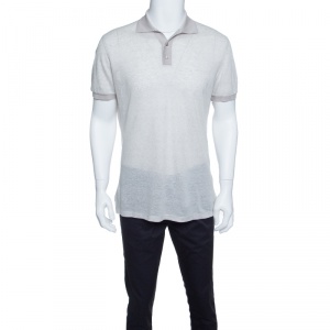 Pre Owned Ermenegildo Zegna Grey Linen Knit Ribbed Trim Polo T-Shirt S