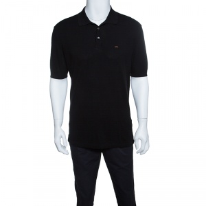 Pre Owned Ermenegildo Zegna Couture Black Honeycomb Knit Logo Embroidered Polo T-Shirt L